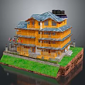 Cartoon Scene Of A Multi Story Yellow Building With Blue Roof Green Grass And Flags