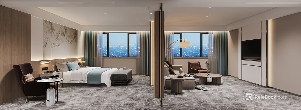 Hotel Guest Room With Modern Interior Design Large Windows City View Bed Sofa And Chair 3d model 
