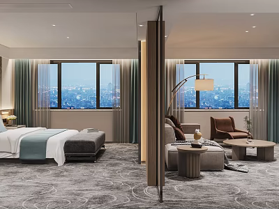 Hotel Guest Room With Modern Interior Design Large Windows City View Bed Sofa And Chair 3d model
