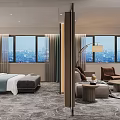 Hotel Guest Room With Modern Interior Design Large Windows City View Bed Sofa And Chair