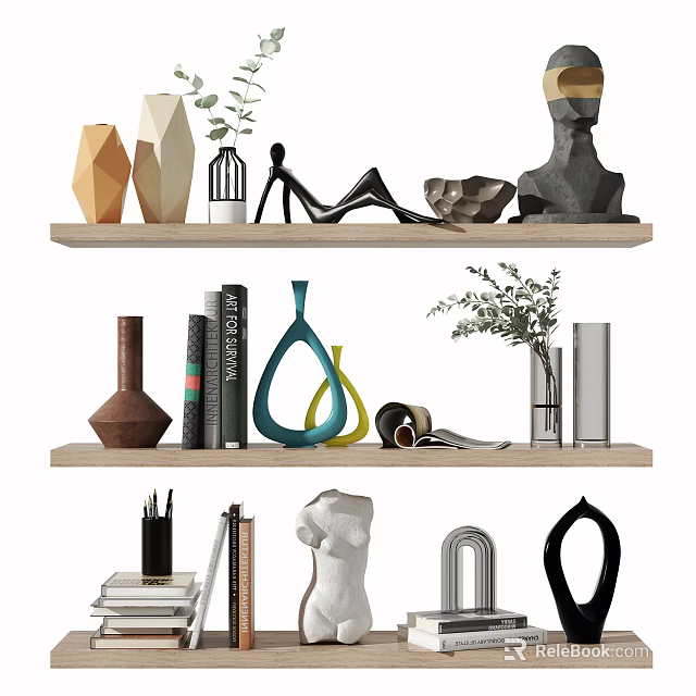 Modern Decorative Ornament Combination with Vases Sculptures Books and Plants on Wooden Shelves 3d model 