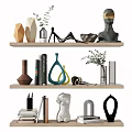 Modern Decorative Ornament Combination with Vases Sculptures Books and Plants on Wooden Shelves