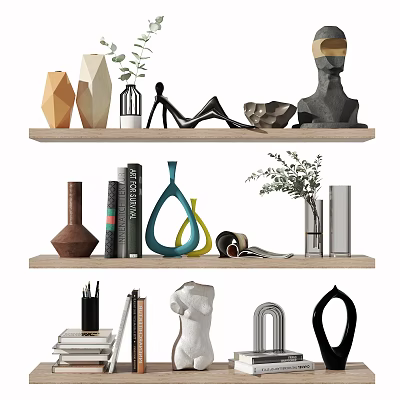 Modern Decorative Ornament Combination with Vases Sculptures Books and Plants on Wooden Shelves 3d model