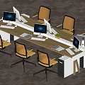 Long Modern Office Desk With Computer Monitors Chairs Keyboards Mice And Small Plant