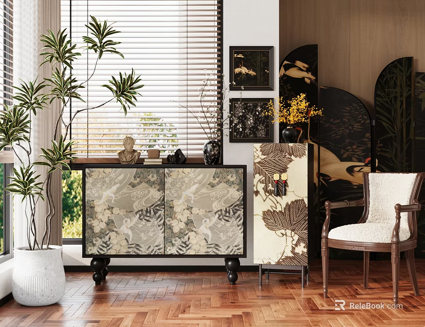 Elegant Modern Chinese Cabinet With Intricate Floral Design In Living Room And Decorative Plants 3d model 