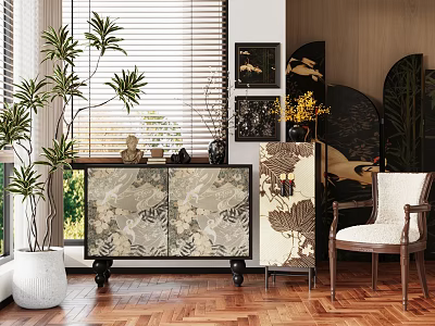 Elegant Modern Chinese Cabinet With Intricate Floral Design In Living Room And Decorative Plants 3d model