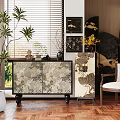 Elegant Modern Chinese Cabinet With Intricate Floral Design In Living Room And Decorative Plants