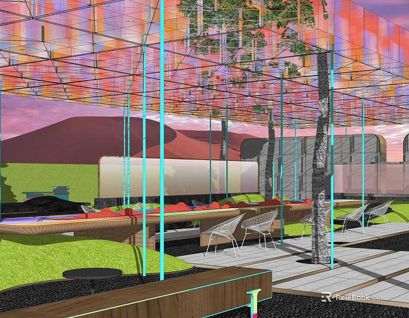 Modern Outdoor Pergola With Colorful Canopy Green Plants And Seating Area 3d model 