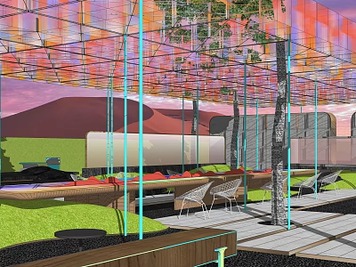 Modern Outdoor Pergola With Colorful Canopy Green Plants And Seating Area 3d model