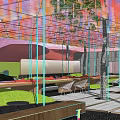 Modern Outdoor Pergola With Colorful Canopy Green Plants And Seating Area