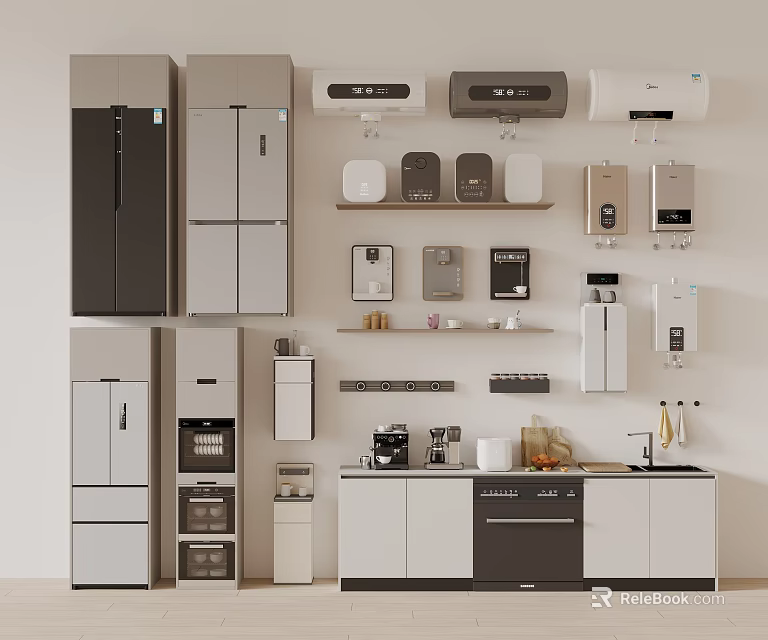Modern Kitchen Appliances Display Featuring Various Types Wall Mounted And Cabinet Setup 3d model