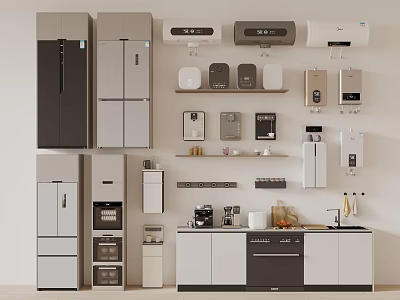 Modern Kitchen Appliances Display Featuring Various Types Wall Mounted And Cabinet Setup 3d model