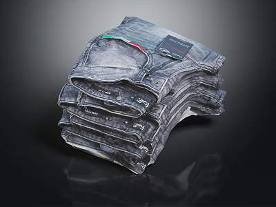 Classic Blue Denim Jeans Stacked With Brand Tags On Black Background 3d model