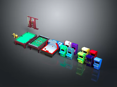 Various Entertainment Equipment Including Pool Table Foosball Table Game Consoles And Colorful Chairs 3d model