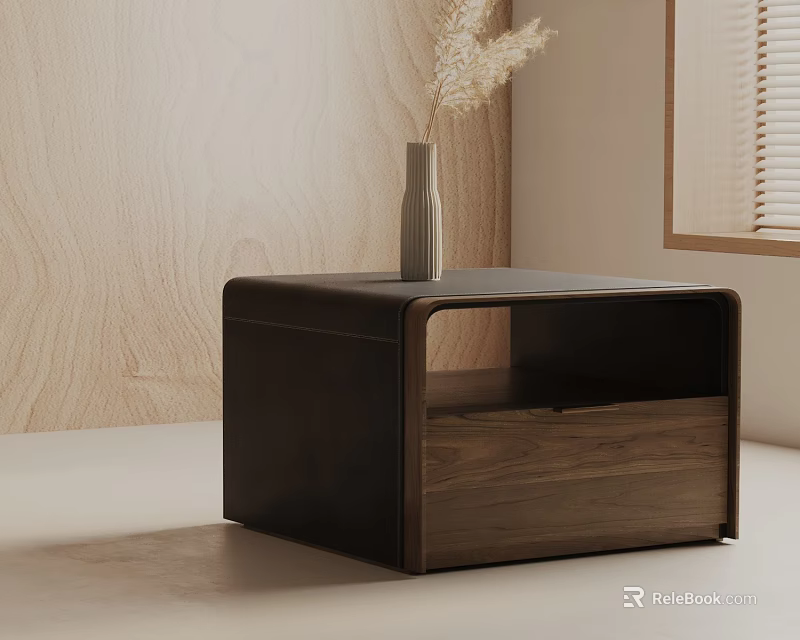 Modern Walnut Side Table With Drawer Featuring Vase Against Wooden Wall And Soft Light 3d model 