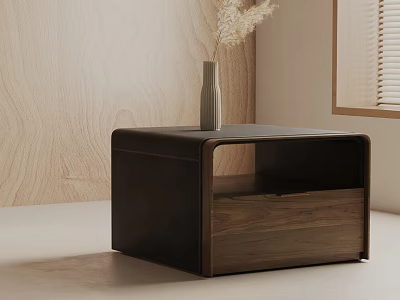 Modern Walnut Side Table With Drawer Featuring Vase Against Wooden Wall And Soft Light 3d model