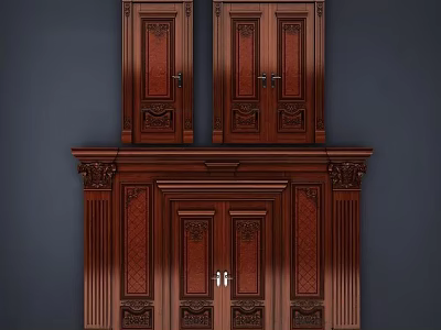 Classic Wooden Double Doors With Intricate Carved Panels And Ornate Frames 3d model