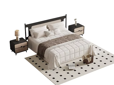Modern Double Bed with Black Headboard Nightstands Table Lamps Plush Blanket and Checkered Rug 3d model