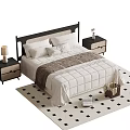 Modern Double Bed with Black Headboard Nightstands Table Lamps Plush Blanket and Checkered Rug