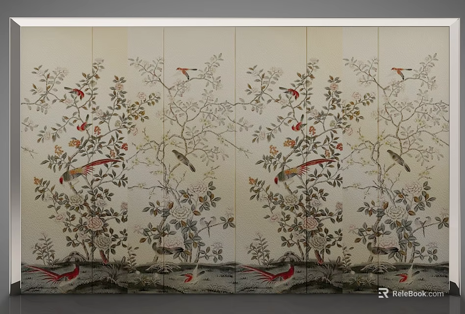 Traditional Background Wall With Floral And Bird Patterns 3d model 
