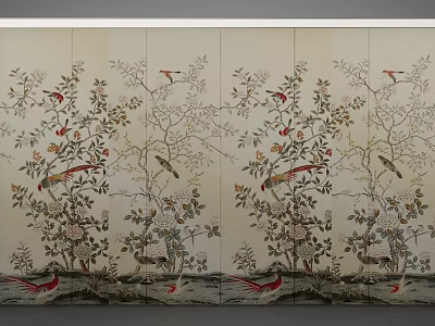 Traditional Background Wall With Floral And Bird Patterns 3d model