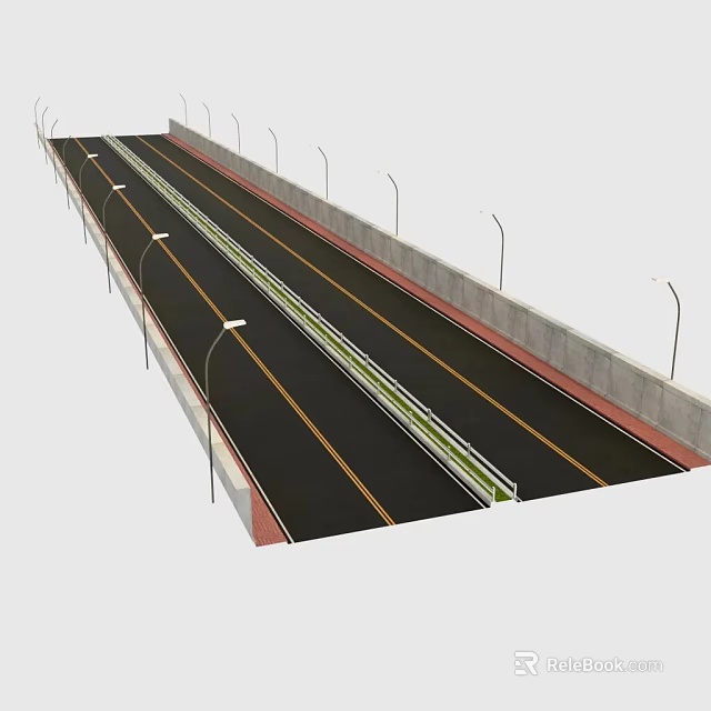Municipal Road With Multiple Lanes Street Lights And Central Median Strip 3d model 
