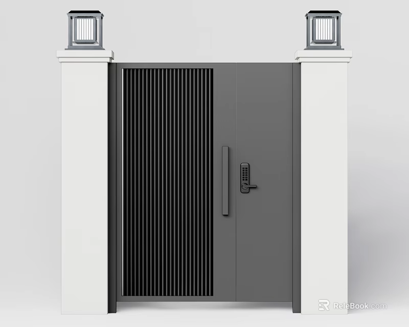 Modern Gray Entrance Gate With White Pillars Vertical Slats And Top Lanterns 3d model 