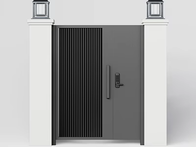 Modern Gray Entrance Gate With White Pillars Vertical Slats And Top Lanterns 3d model
