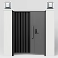 Modern Gray Entrance Gate With White Pillars Vertical Slats And Top Lanterns