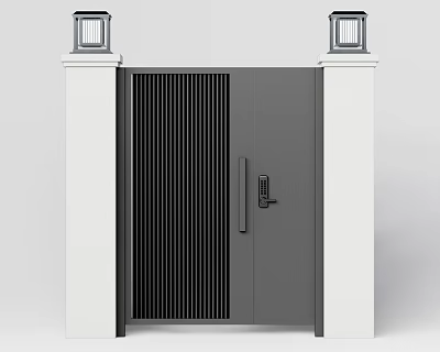 Modern Gray Entrance Gate With White Pillars Vertical Slats And Top Lanterns 3d model