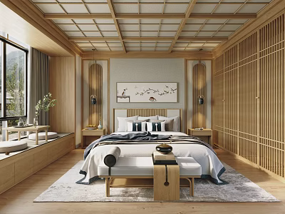 Traditional Japanese Bedroom Interior With Wooden Lattice Ceiling Sliding Doors Bed Nightstands And Area Rug 3d model