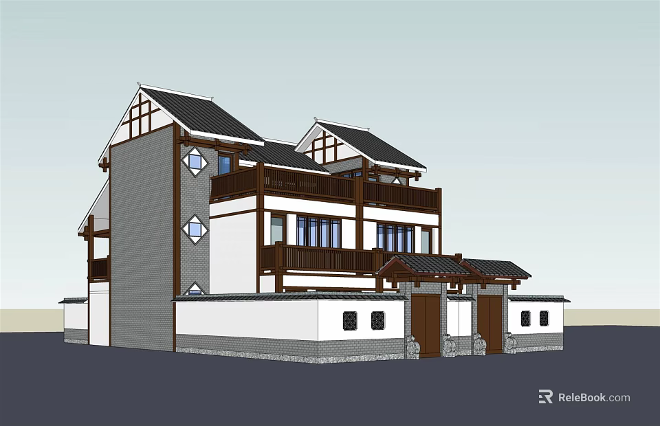 Chinese Style Two Story Duplex Villa With Tile Roof And Wooden Decorations 3d model 