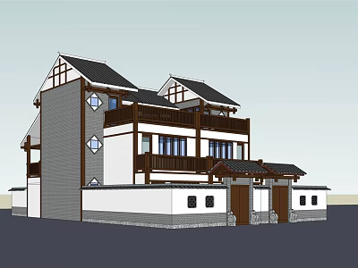 Chinese Style Two Story Duplex Villa With Tile Roof And Wooden Decorations 3d model