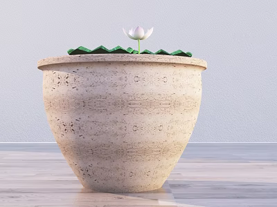 Terracotta Pot Shaped Fish Tank Aquarium With White Lotus Flower And Green Leaves 3d model