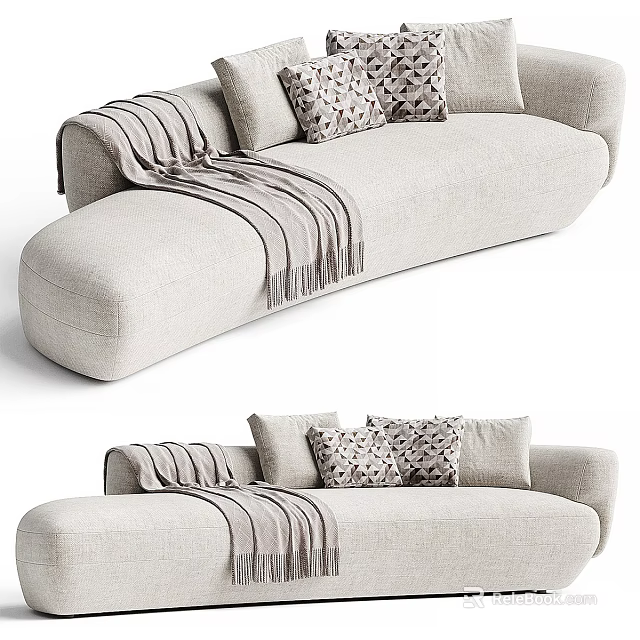 Modern Beige Upholstered Sectional Sofa With Patterned Pillows And Fringed Throw Blanket 3d model 