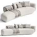 Modern Beige Upholstered Sectional Sofa With Patterned Pillows And Fringed Throw Blanket 3d model