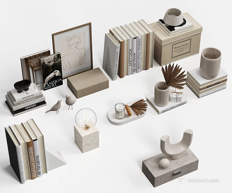Modern Minimalist Decorative Ornament Set With Books Frames Candles And Geometric Figurines 3d model 