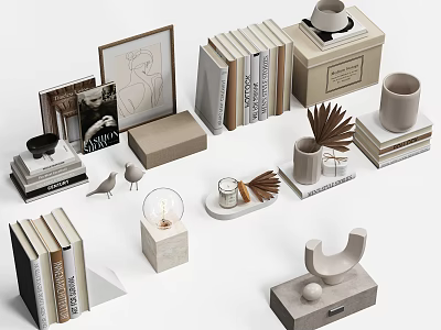 Modern Minimalist Decorative Ornament Set With Books Frames Candles And Geometric Figurines 3d model