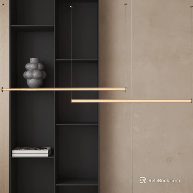 Modern Linear Pendant Light In Interior With Black Shelves Gray Vase Books And Beige Wall 3d model 