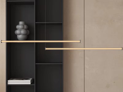 Modern Linear Pendant Light In Interior With Black Shelves Gray Vase Books And Beige Wall 3d model