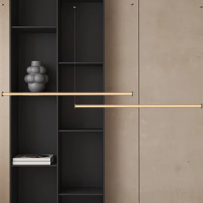 Modern Linear Pendant Light In Interior With Black Shelves Gray Vase Books And Beige Wall 3d model