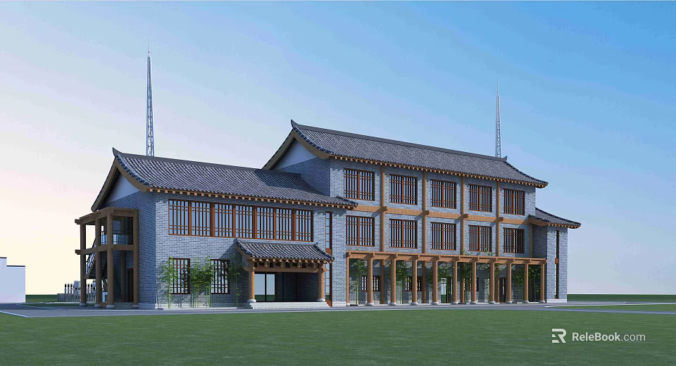 Chinese Ancient Architecture Traditional Roof Structure With Wooden Frames And Overhanging Eaves 3d model 