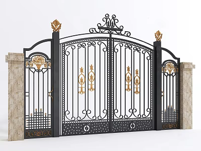 Ornate Wrought Iron Double Door Gate With Golden Decorations And Stone Pillars 3d model