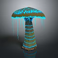 Glowing Mushroom Like Plant With Blue Bioluminescent Dripping Cap And Striped Stem