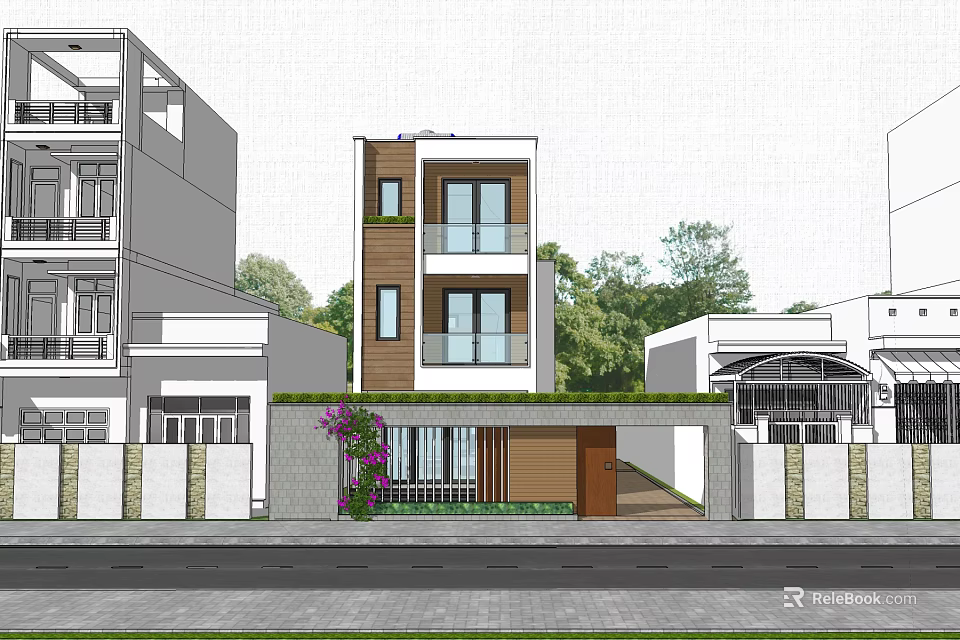 Two Story Detached Villa Exterior With Balconies Windows Door Wall Driveway And Greenery 3d model 