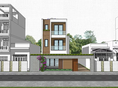 Two Story Detached Villa Exterior With Balconies Windows Door Wall Driveway And Greenery 3d model