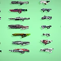 Various Designed Weapons with Different Styles Arranged Neatly on Green Background