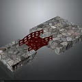 Stone Architectural Structure With Red Metal Frame Connecting Two Stone Platforms