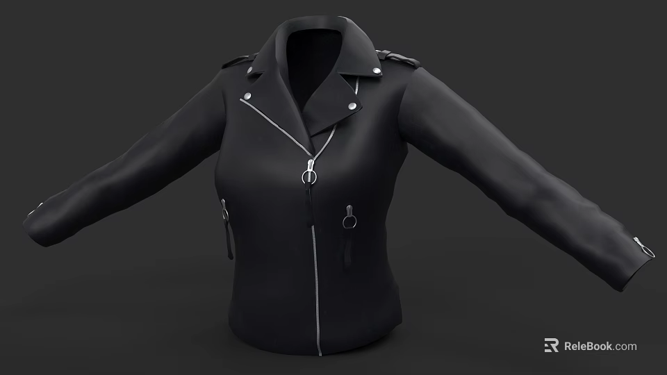 Stylish Black Leather Jacket With Collar Zipper Epaulets And Metal Rings 3d model 