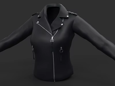 Stylish Black Leather Jacket With Collar Zipper Epaulets And Metal Rings 3d model
